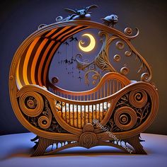 an artistically designed musical instrument sits in front of a full moon