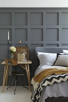 a collage of photos with grey walls and furniture