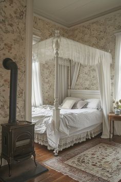 a white bed sitting inside of a bedroom next to a wooden stove top burner