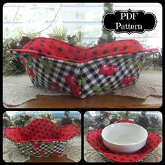 the bowl is made out of fabric and has cherries on it, with polka dots