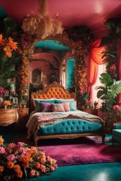 Enter an ethereal realm with this Dreamy Floral Fantasy Bedroom, where rich hues and floral abundance reign. The romantic bed, with its plush velvet headboard in tangerine and tufted teal bench, promises comfort amidst blossoming surroundings. Dusky pink walls envelop the space, adorned with cascading greenery and vivid flowers. A striking arched mirror reflects the room’s splendor, while elegant drapery in coral cascades luxuriantly. Arches Bedroom, Maximal Bedroom, Teal And Coral Bedroom, Peacock Inspired Bedroom, Velvet Room Decor, Fantasy Home Interior, Pink Boho Room, Pink Walls Bedroom, Floral Bedroom Aesthetic