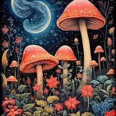 three mushrooms are in the grass under a full moon and stars sky, with flowers all around them