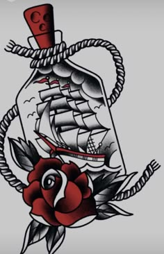 an old school tattoo design with a ship in a bottle and roses on the side