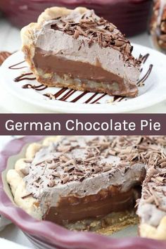 a close up of a chocolate pie on a plate with the rest of the pie in the background