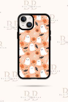 an iphone case with halloween ghost and pumpkins on it, all printed in orange