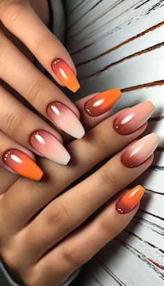 Soft Orange Nails Design, White And Burnt Orange Nails, Beach Fall Nails, Orange Nails Design Ideas, Orange Peach Nails, Orange Color Nails, Summer To Fall Transition Nails, Orange Nail Designs, Nail Vinyls