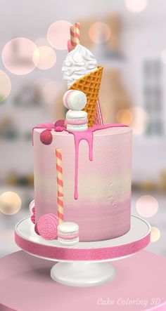 there is a pink cake with ice cream and candy on the top that has been frosted