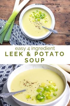 two bowls of leek and potato soup with celery on the side, one in