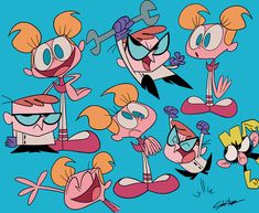 cartoon characters with different facial expressions and haircuts, all in various poses on a blue background