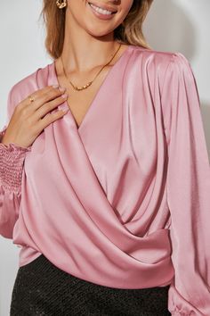 Soft yet striking, this Pink Draped Surplice Long Sleeve Blouse blends a flattering wrap design with graceful long sleeves. The draped silhouette adds a touch of effortless charm, perfect for dressing up or keeping it casual. Featured Line: SOL Product code: CAA04B4L017DD Features:  Woven Draped surplice neckline Long sleeves with smocked cuffs Wash Method: Regular Wash Material: 96%POLYESTER,4%SPANDEX. Beachwear Dresses, Affordable Swimwear, Surplice Neckline, Fashion 2024, Pink Blouse, Jumpsuits For Women, Dressing Up, Sleeve Blouse, Long Sleeve Blouse