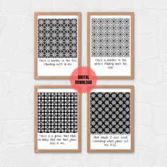 four black and white wall art prints with different patterns