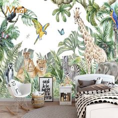 a bedroom decorated with jungle animals and palm trees