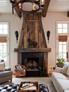 a living room filled with furniture and a fire place in the middle of a room