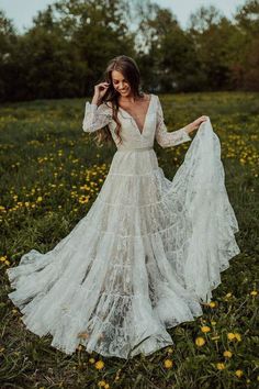 Deep V Neck Boho Wedding Dress Long Sleeve Rustic Wedding Dress -Pgmdress Bridal Dress Boho, Wedding Dress Backless, Boho Bridal Dress, Sleeves Wedding Dresses, Destination Wedding Dress, Long Sleeve Wedding Dress Lace, Boho Wedding Dress Lace, Rustic Wedding Dresses