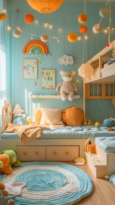 a child's bedroom decorated in pastel blue and orange with lots of toys