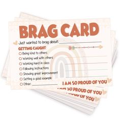 three cards with the words brag card on them