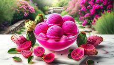 a bowl filled with pink ice cream next to some cactus and other flowers in the background