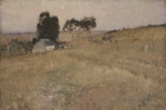 a painting of a house in the middle of a field