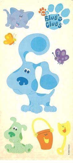 the blue dog is surrounded by other cartoon animals