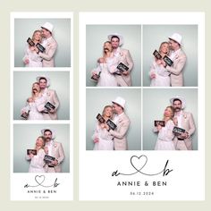 a couple posing for a photo in their wedding photo booth