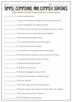 simple compound and complex sentence worksheet for students to practice the english speaking skills