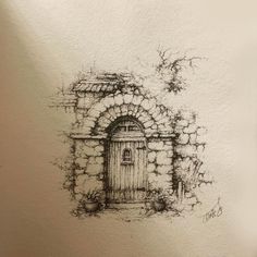 an ink drawing of a doorway in the wall with vines growing on it's side