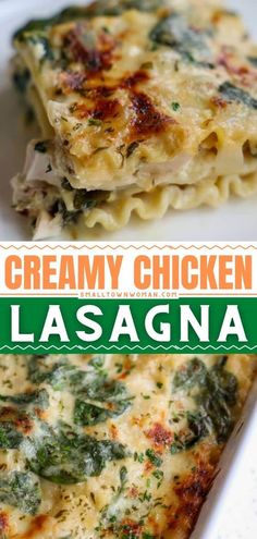 this creamy chicken lasagna is loaded with cheese and spinach