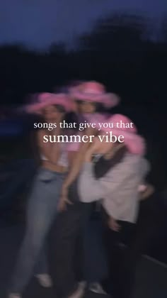 two people with pink hats on their heads and the words, songs that give you that summer vibe