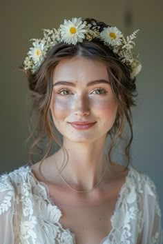 a woman with flowers in her hair wearing a white dress and smiling at the camera