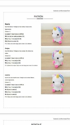 the instructions for how to crochet an adorable little unicorn stuffed animal with colorful hair