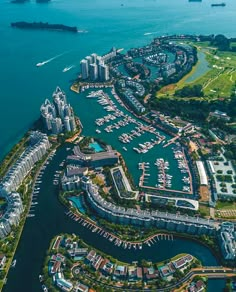 an aerial view of a city and harbor