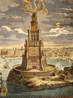 this is an old painting of a tower in the middle of a body of water