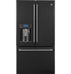 a black refrigerator freezer with water dispenser on the front and bottom