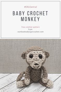 a crocheted monkey sitting on top of a wooden floor with the words baby croche