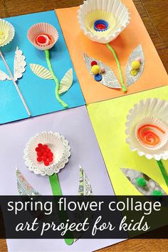 four paper flowers with the words spring flower collage art project for kids on them