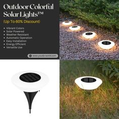 the solar garden light is shown in three different colors