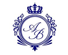 the letter b with a crown on top is surrounded by ornate blue and white designs