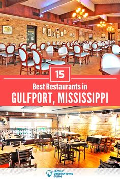 the restaurant with tables and chairs is featured in this postcard for best restaurants in gulfport, mississippi