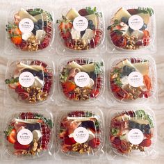 six plastic containers filled with different types of food