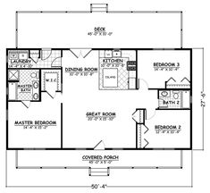 the floor plan for a two bedroom cabin with an attached bathroom and living room area