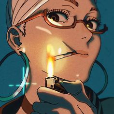 a woman with glasses holding a lighter in her hand