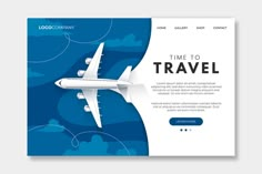 a landing page with an airplane in the sky and clouds on it, for travel company