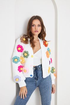 Flower Jacket, Handmade Cardigan, Colorful Knit, Floral Pullover, Cardigan Winter, Knitting Women Cardigan, Chunky Cardigan