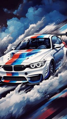 a painting of a white car driving through the clouds with an orange and blue stripe on it's hood