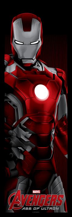 the iron man poster is shown in red