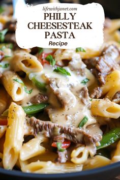 pasta with beef, cheese and green peppers in a skillet