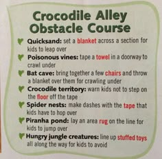 a close up of a sign with instructions on how to use crocodile alley obstacle course