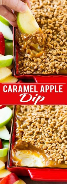 caramel apple dip in a red casserole dish