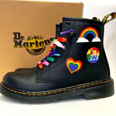 New Dr. Martens Pride Combat Boots With Rainbow Laces. Rainbow Goth, Boots Rainbow, Rainbow Boots, Rainbow Stuff, Pride Stuff, Happy Monster, Rainbow Laces, Shoes Dr Martens, Dr Martens Black