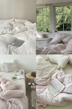 two pictures of a bed with pink comforters and white sheets, one has an open laptop on it